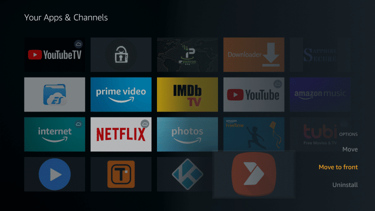 Appuyez sur le bouton Menu de votre télécommande et sélectionnez Déplacer vers l'avant pour déplacer Aptoide TV vers l'avant