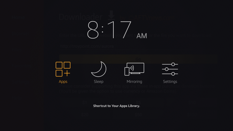 Maintenez le bouton Accueil de votre télécommande enfoncé jusqu'à ce que la fenêtre Raccourci vers votre bibliothèque d'applications s'affiche. Cliquez sur Apps.