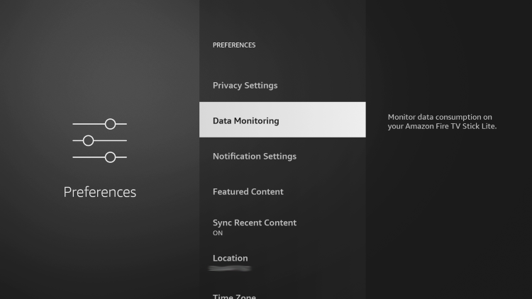 Cliquez sur le bouton Précédent et choisissez Surveillance des données pour aider à bloquer les publicités sur Firestick