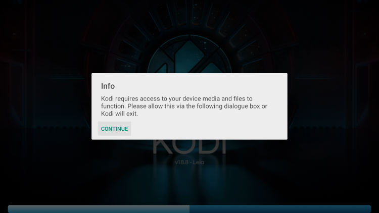 Lorsque vous lancez Kodi pour la première fois, cliquez sur Continuer
