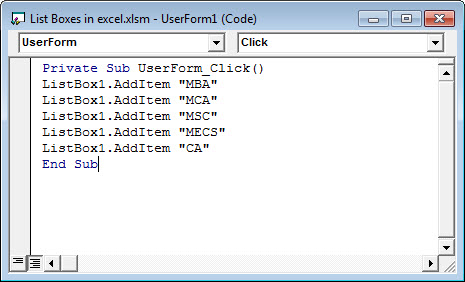 Zone de liste dans Excel 16